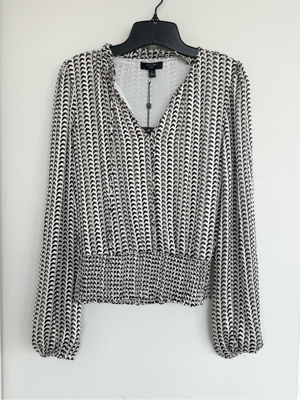 NWT HAVER LONDON Black Gold Sheer Shimmer Smocked Blouse Small